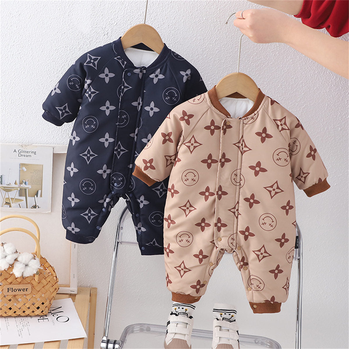 Baby winter thickened printed down cotton jacket romper