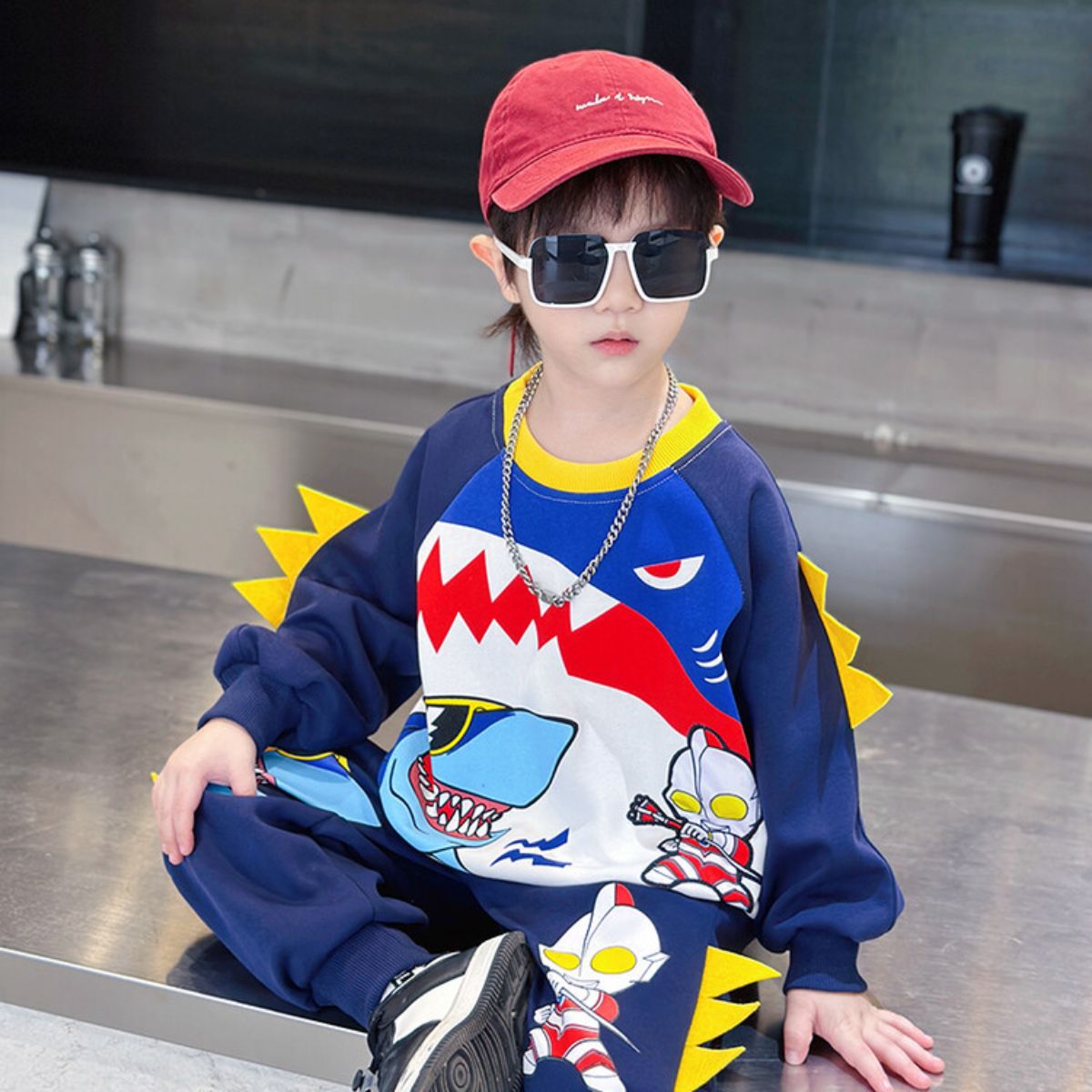 Boys Spring and Autumn Clothes Sawtooth Shark Ultraman Suit Children's Handsome Sweater Sports Baby Clothes Cool