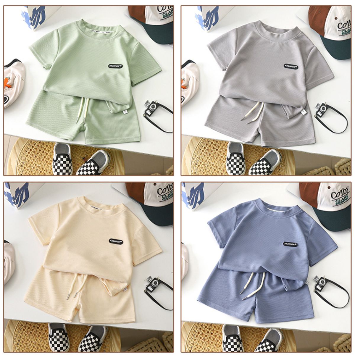 New style children's clothing summer children's leisure suit loose clothes boys short-sleeved waffle baby summer