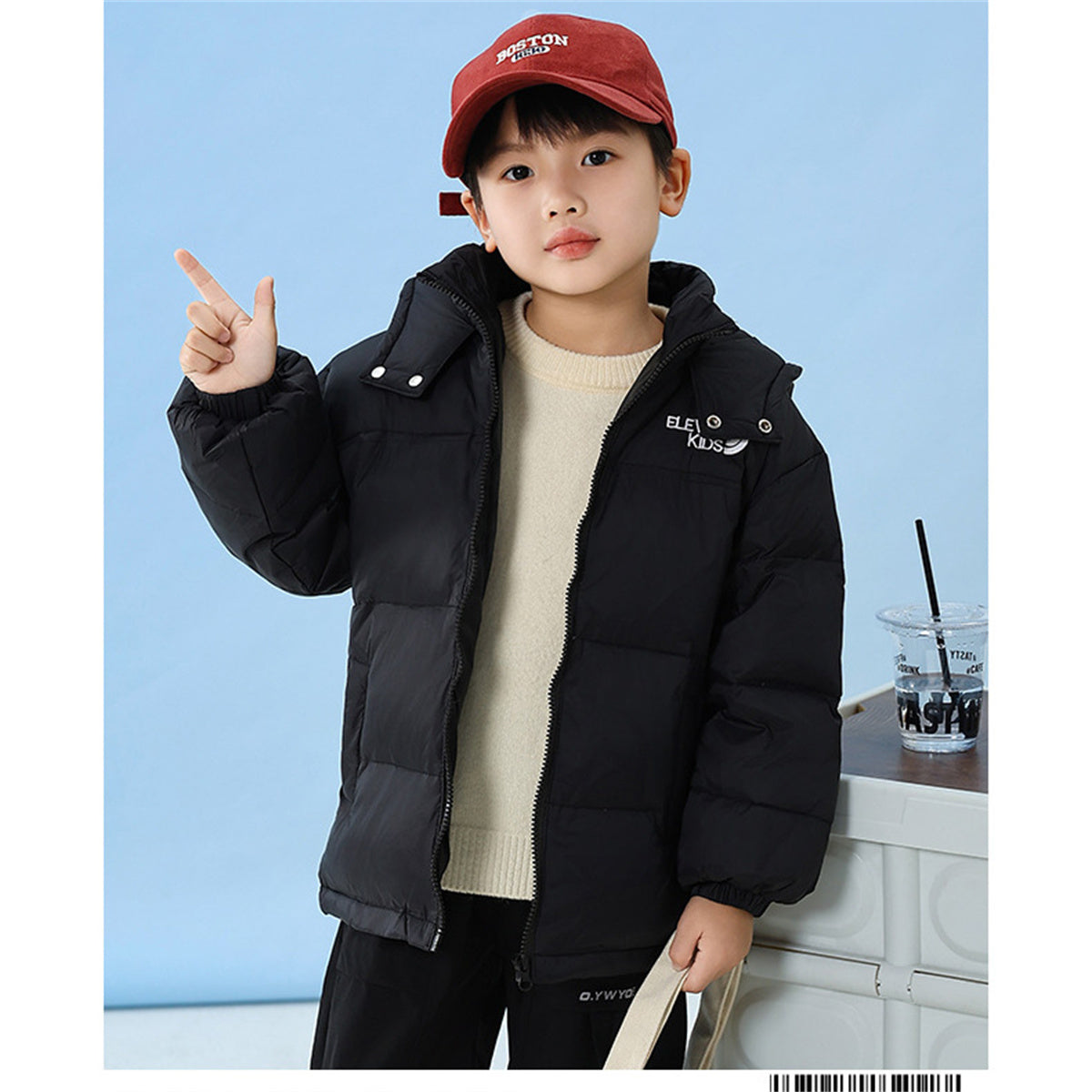 Winter color matching simple waterproof warm hooded short down jacket for middle and large boys and girls