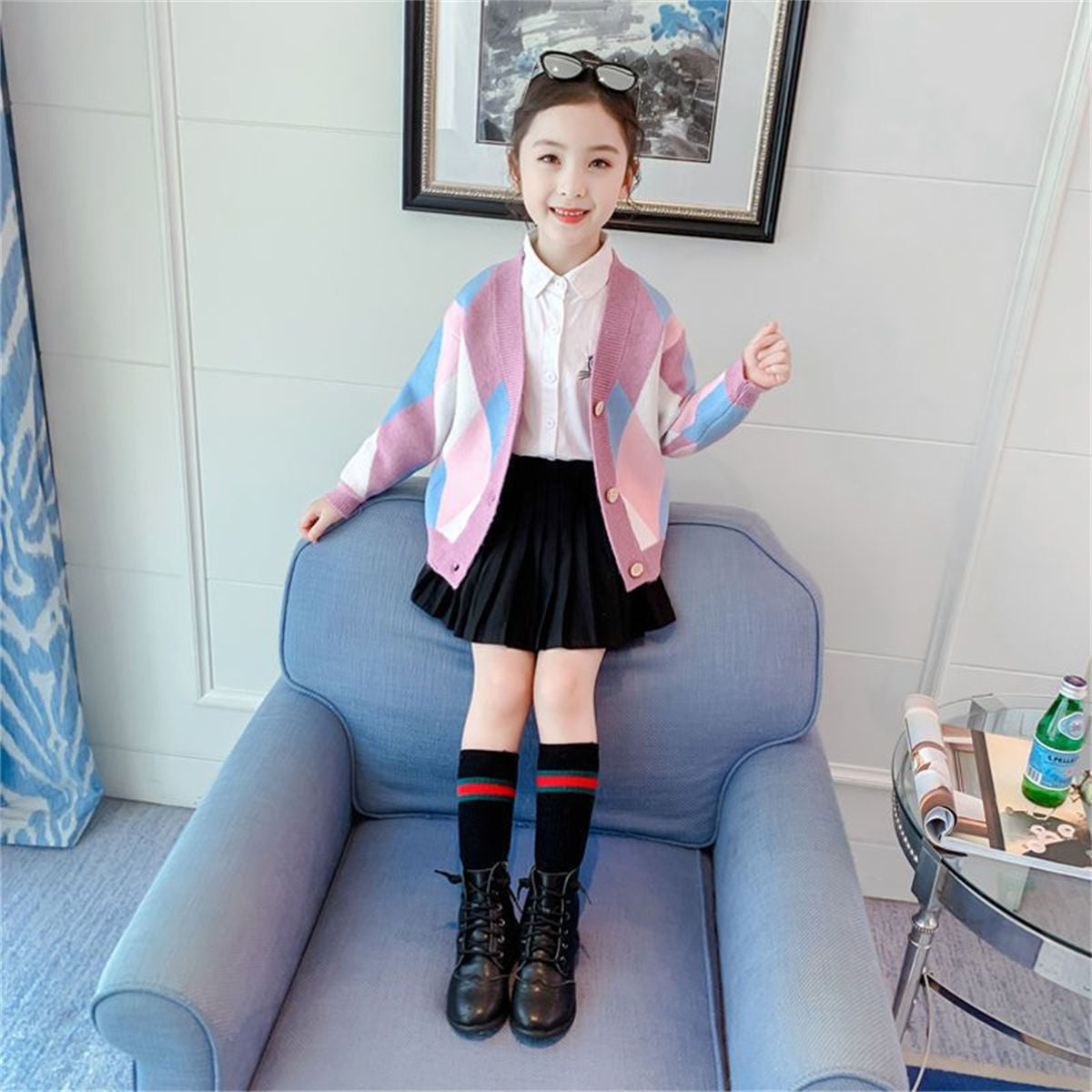 Cute diamond pattern sweet style sweater cardigan for middle and large children girls