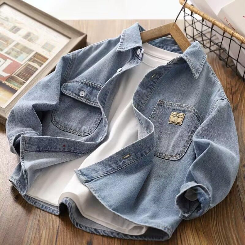 Children's long-sleeved casual shirts, denim tops for middle and older children