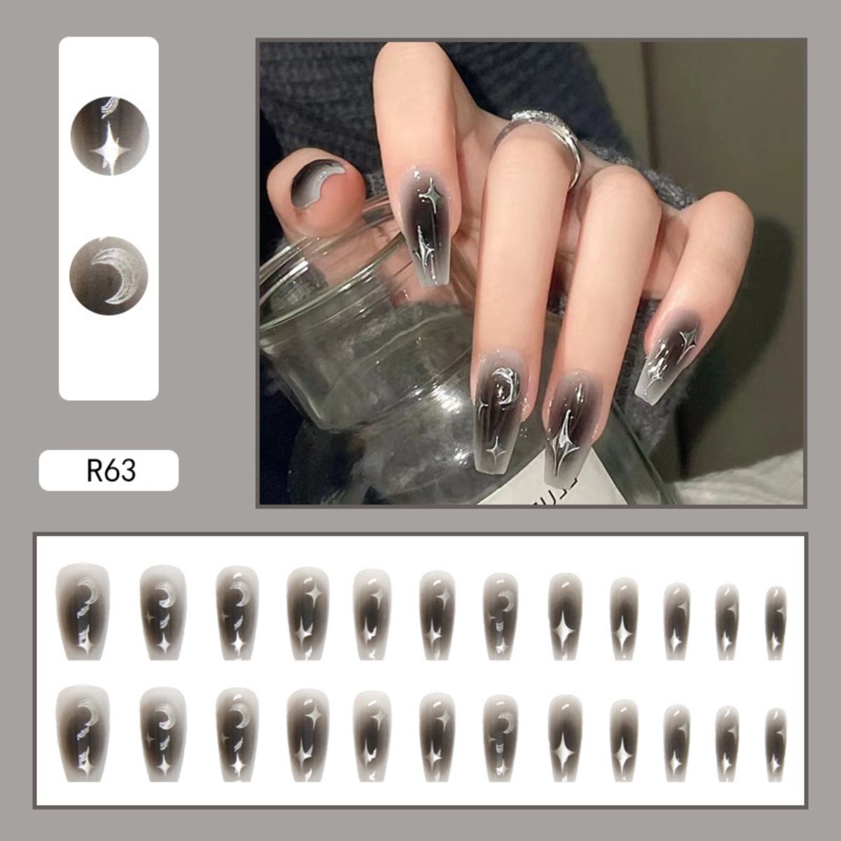 Silver Moon Stars Nail Art Fake Nails