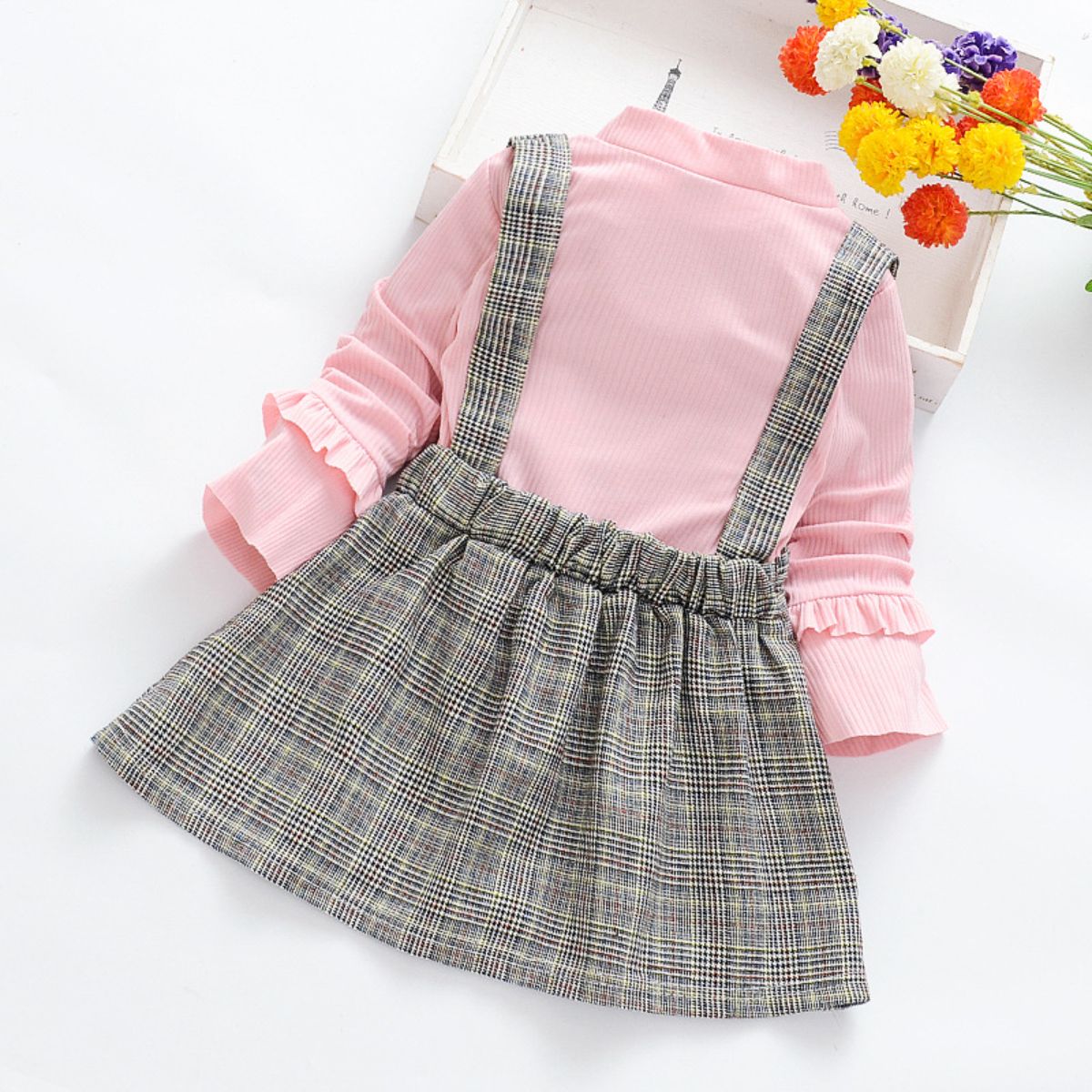 Girls dress spring and autumn baby fake 2 pieces fashionable children's skirt plaid little girl princess skirt