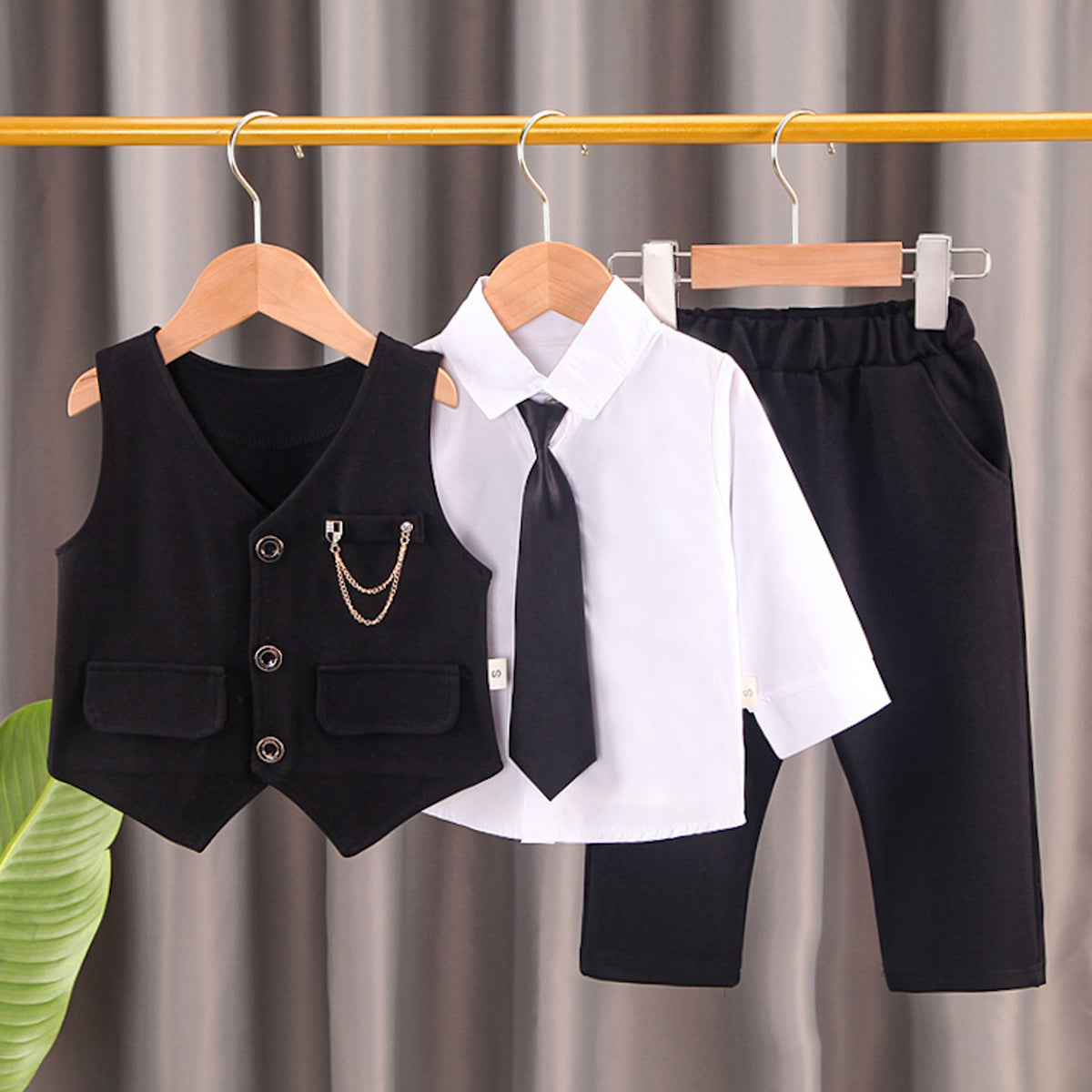 5-piece Toddler Boy Long Sleeve Shirt & Solid Color Button-up Vest & Matching Pants With Tie