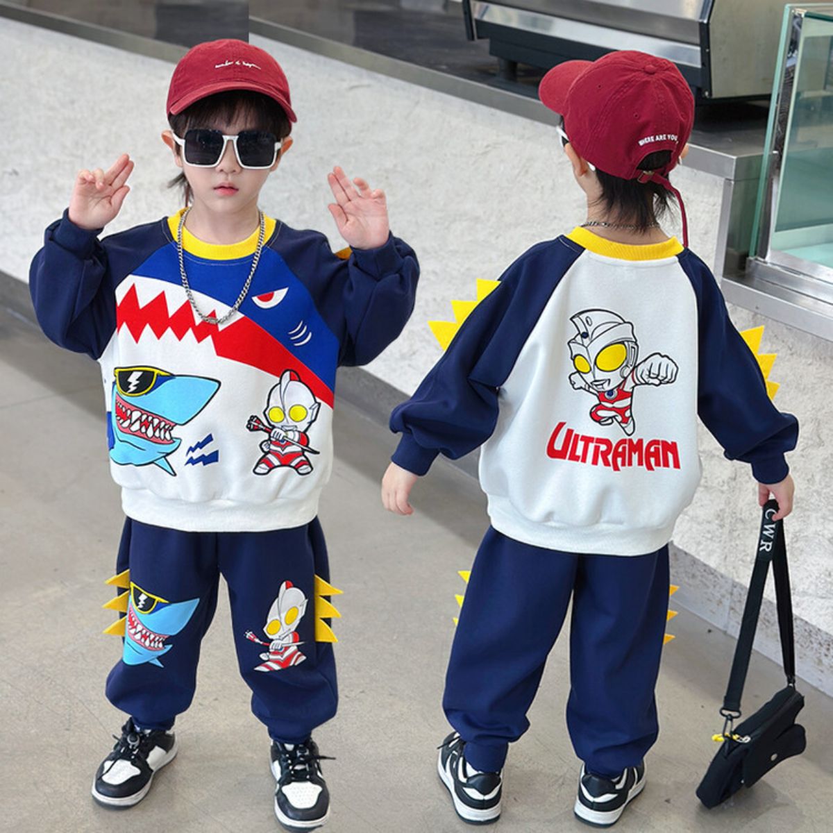 Boys Spring and Autumn Clothes Sawtooth Shark Ultraman Suit Children's Handsome Sweater Sports Baby Clothes Cool