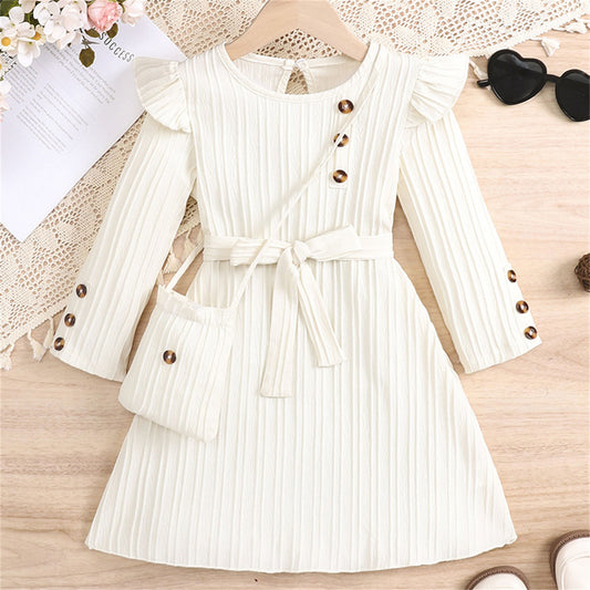 White long-sleeved lace dress for girls with waist and stripes