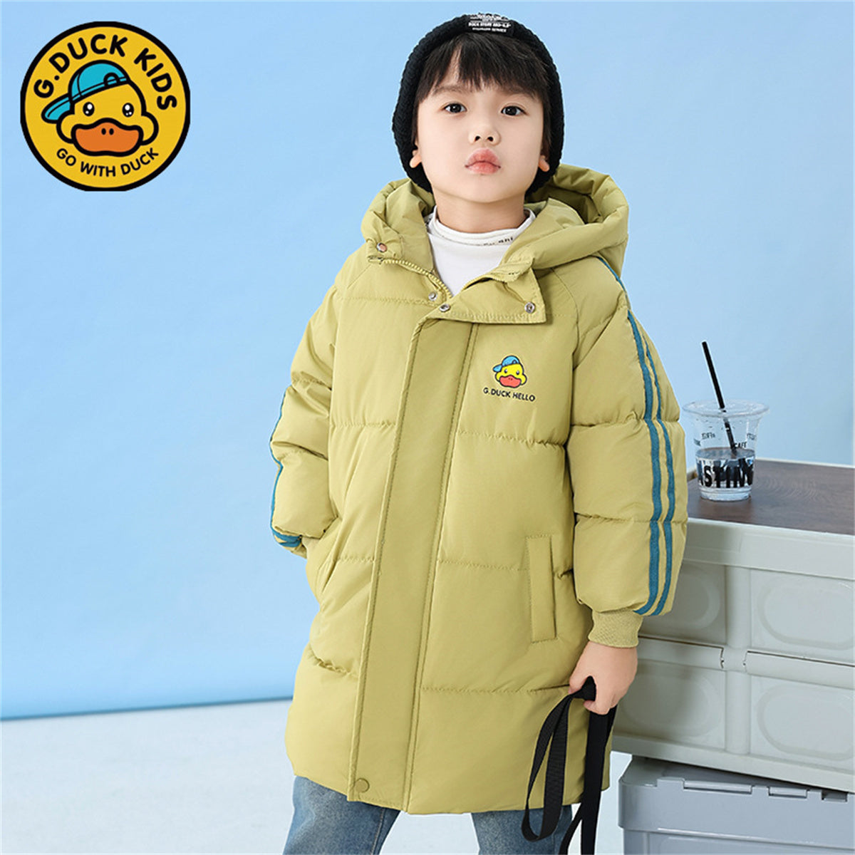 Winter yellow duck cute solid color waterproof warm long down jacket for boys and girls