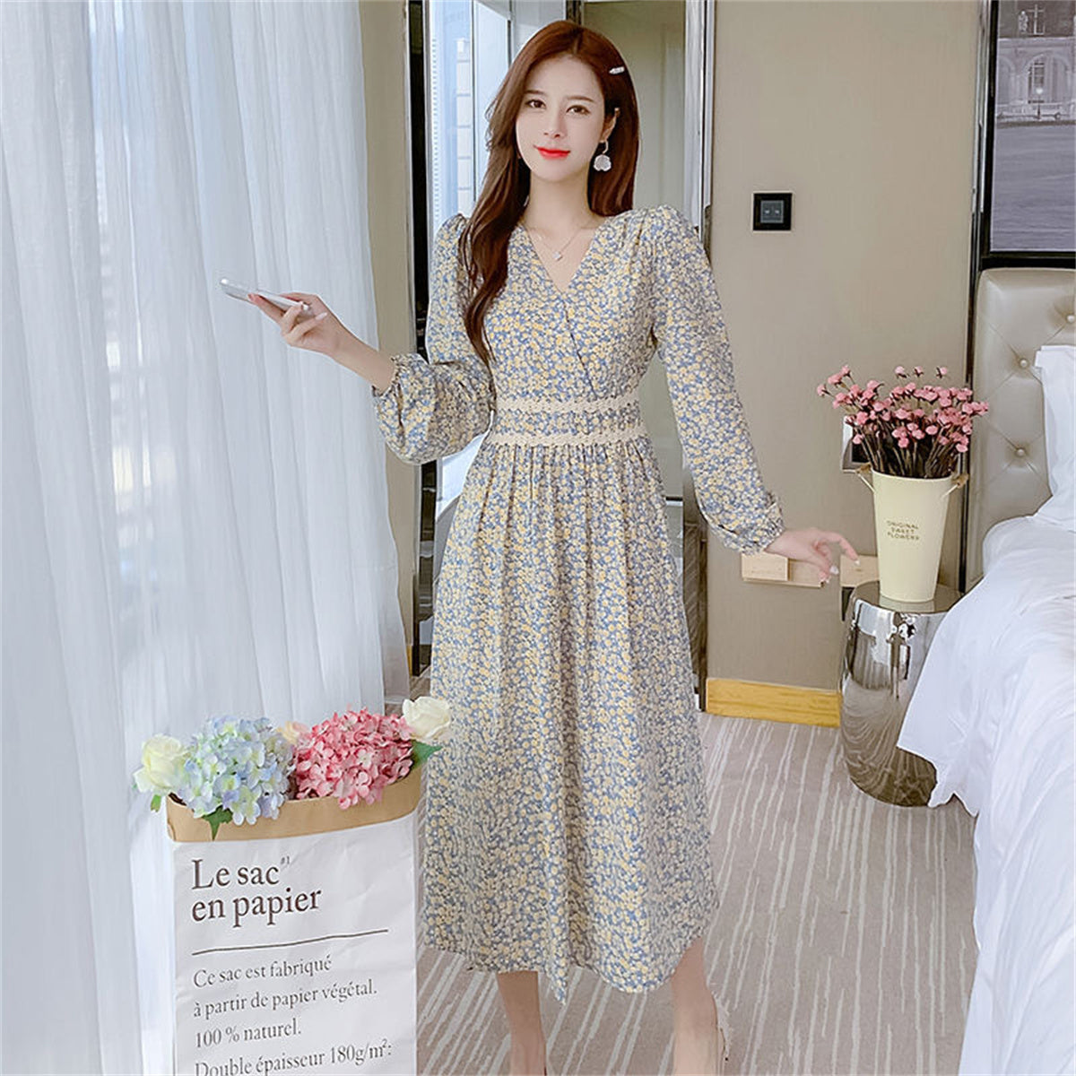 Women's floral dress V-neck slim waist long dress