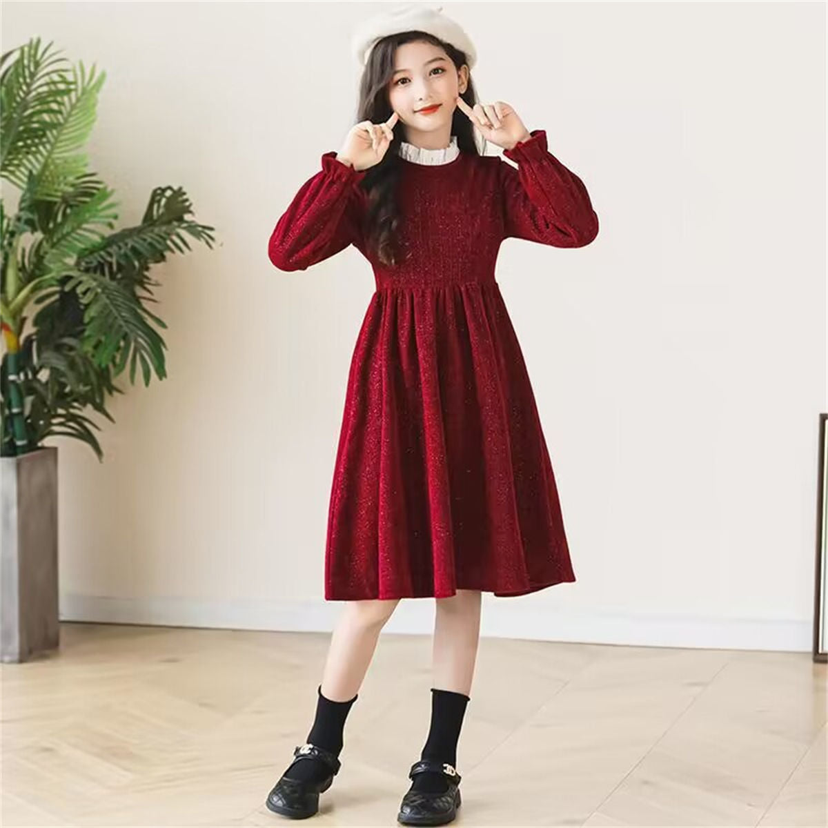 Autumn red temperament style lace long-sleeved dress for middle and large girls