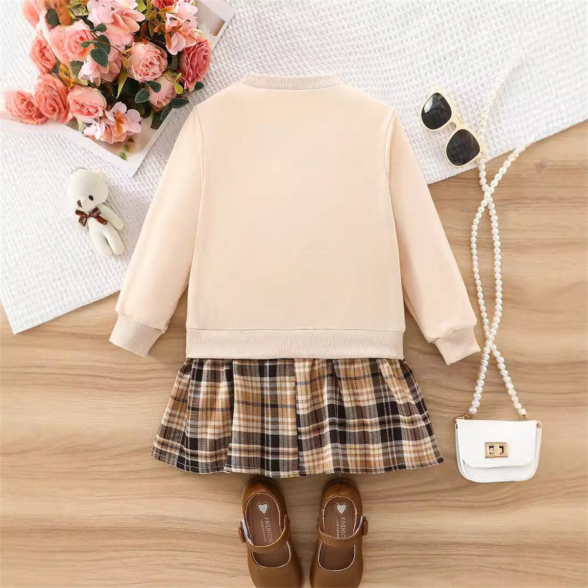 Teddy Bear Sweatshirt Plaid Skirt Two-piece Children's Set