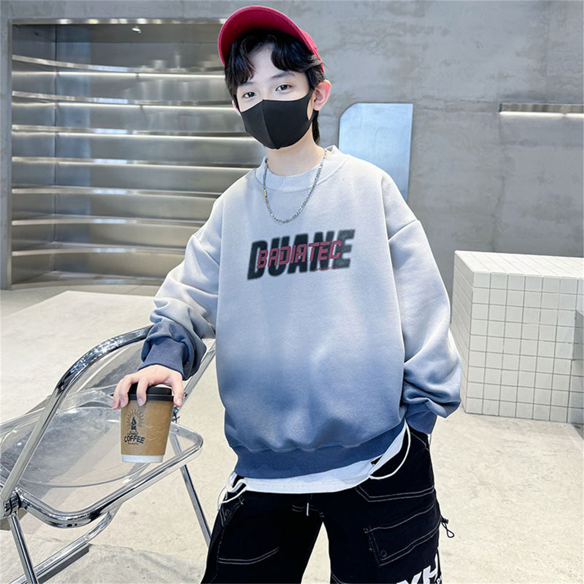 Winter plus velvet printed letter style casual sports style pullover sweatshirt for middle and large boys