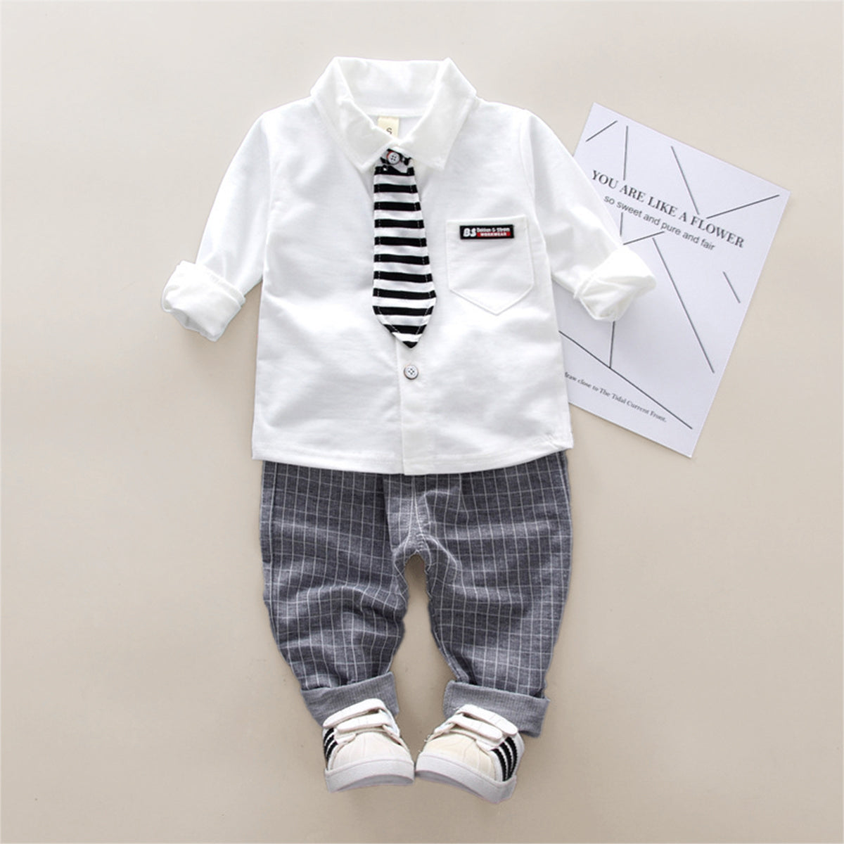 2-piece Toddler Boy Solid Color Letter Printed Lapel Shirt & Striped Straight Pants