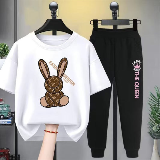 Girls Rabbit Print Casual Suit Big Kids Sports Cuffed Trousers