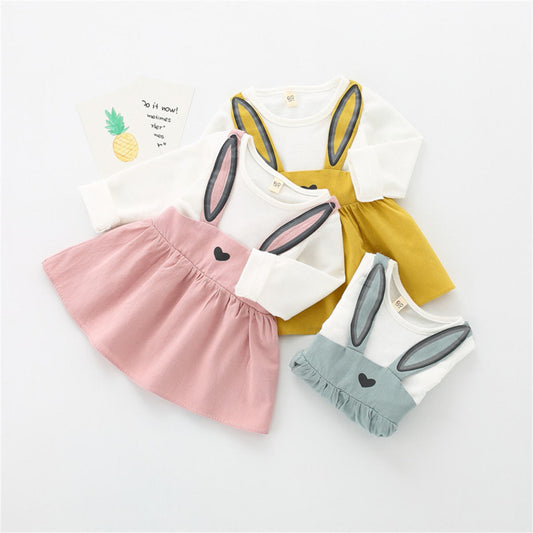 Girls solid color rabbit ears fake two-piece long-sleeved dress