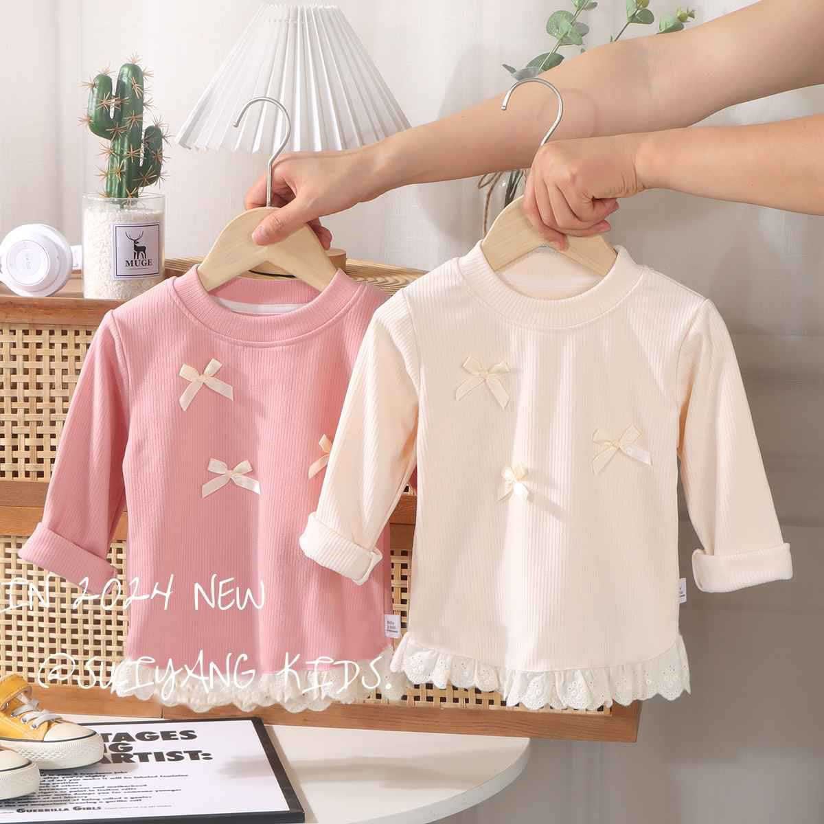 Girls autumn new baby bow lace children's long-sleeved bottoming sweatshirt