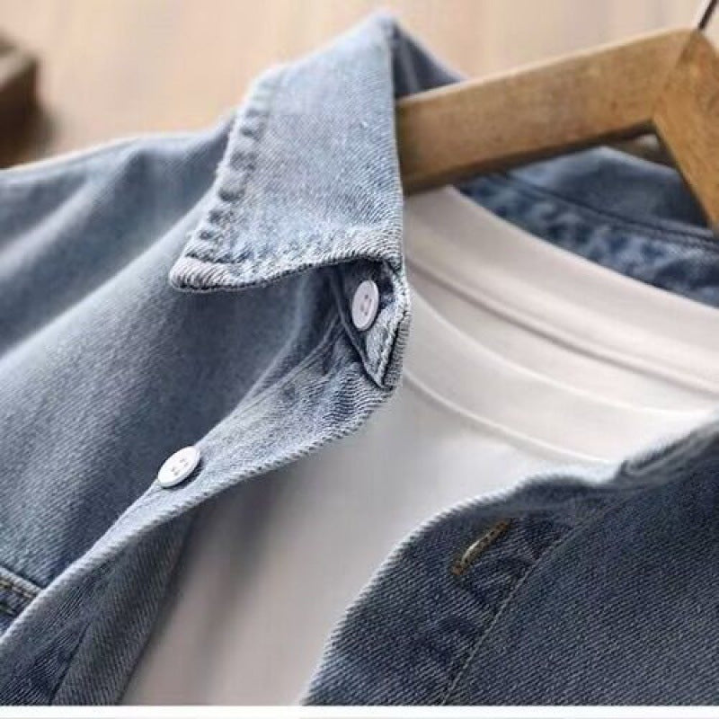 Children's long-sleeved casual shirts, denim tops for middle and older children