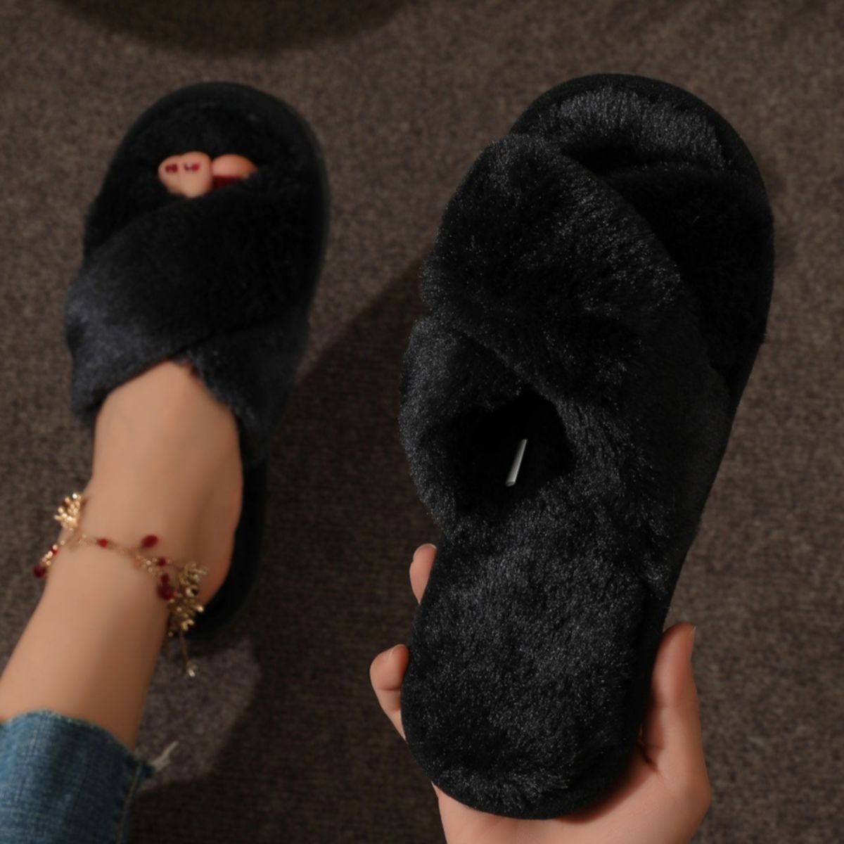 Women's furry cross strap cotton slippers