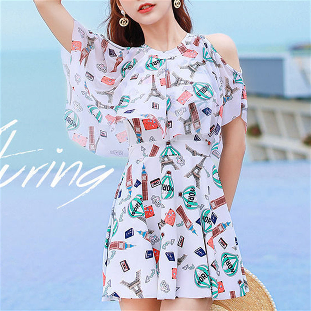 Women's floral pattern large skirt swimsuit set