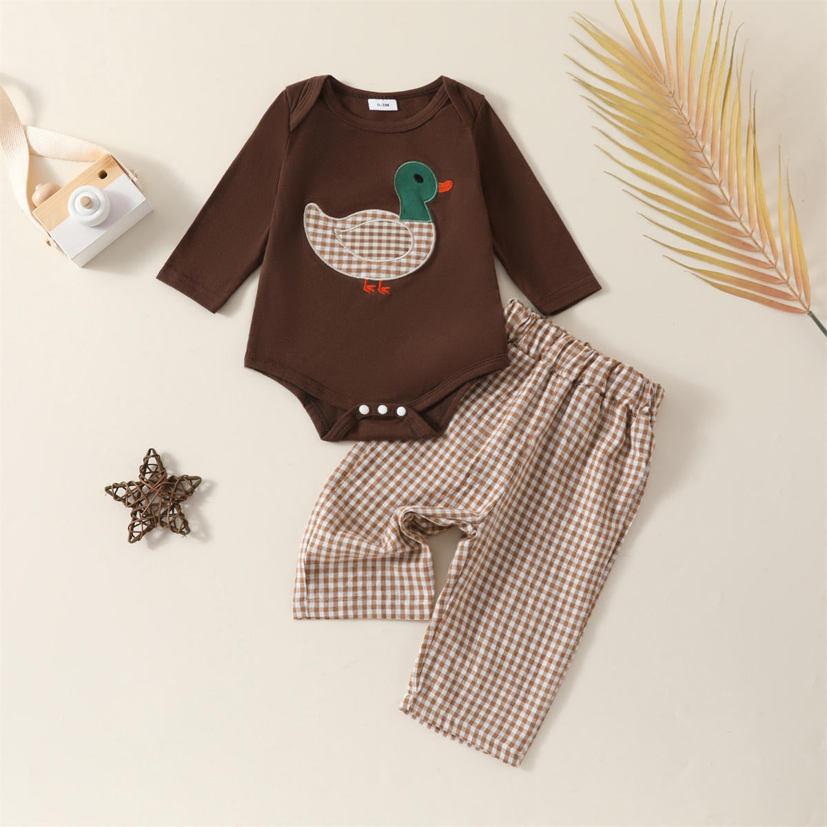 Baby and Toddler Duck Long Sleeve Romper Plaid Trousers Two-piece Set