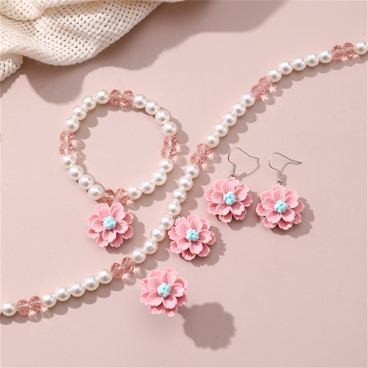 Children's 4-piece design sweet style imitation pearl flower pendant jewelry set