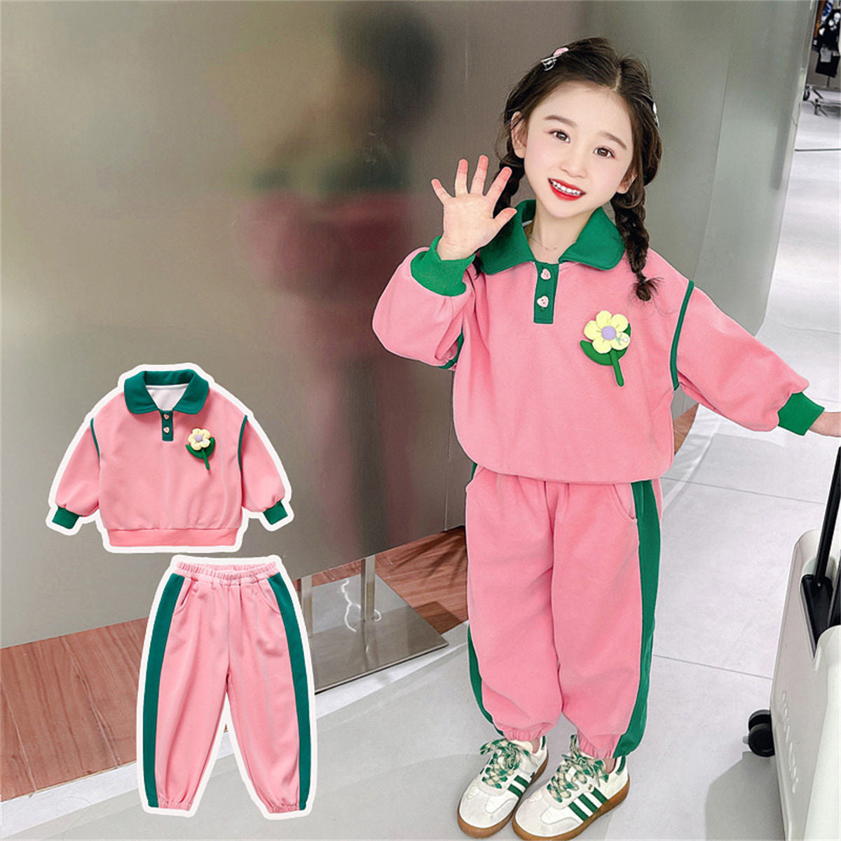 Autumn color matching cute sweet style flower T-shirt suit for middle and large children girls