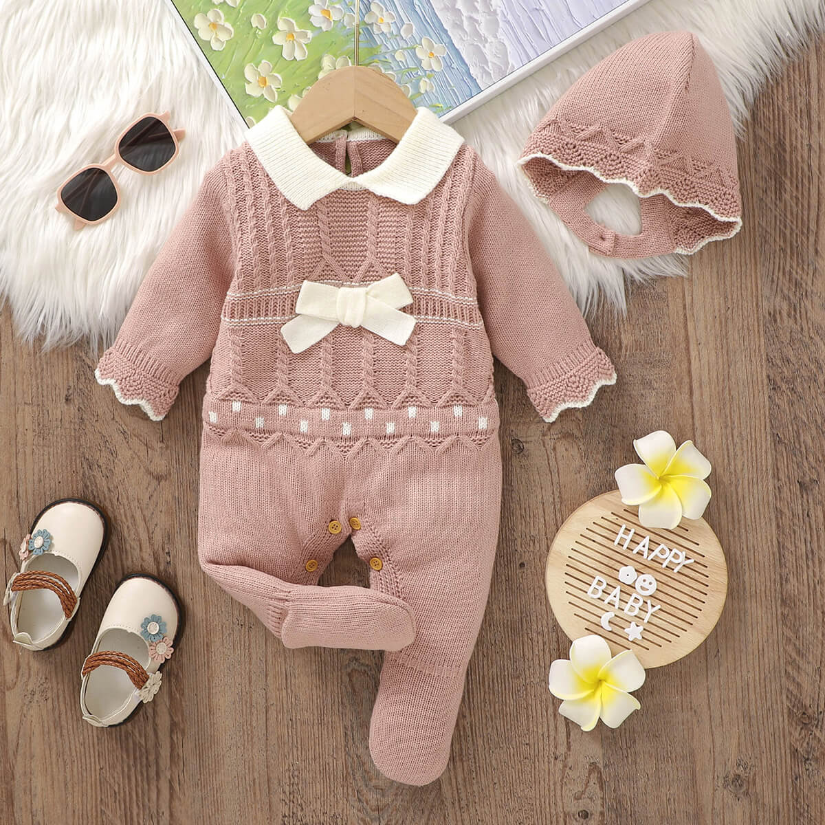 Baby solid color knitted one-piece long-sleeved romper with long legs + hat