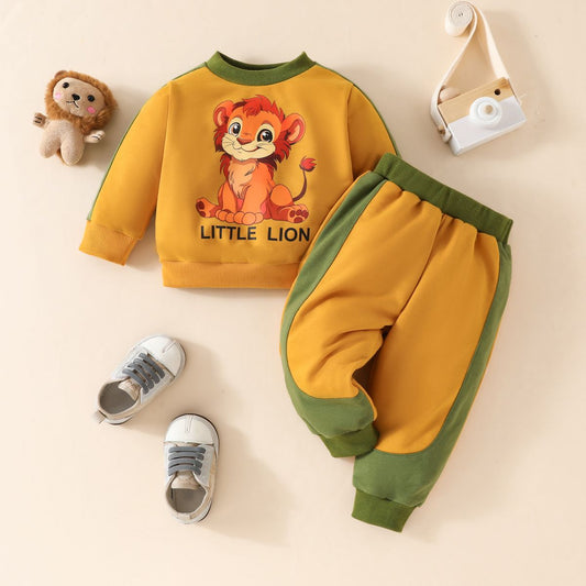 Baby Boy Spring and Autumn Leisure Sports Lion Letter Printed Sweatshirt + Colorblock Pants Two-piece Set