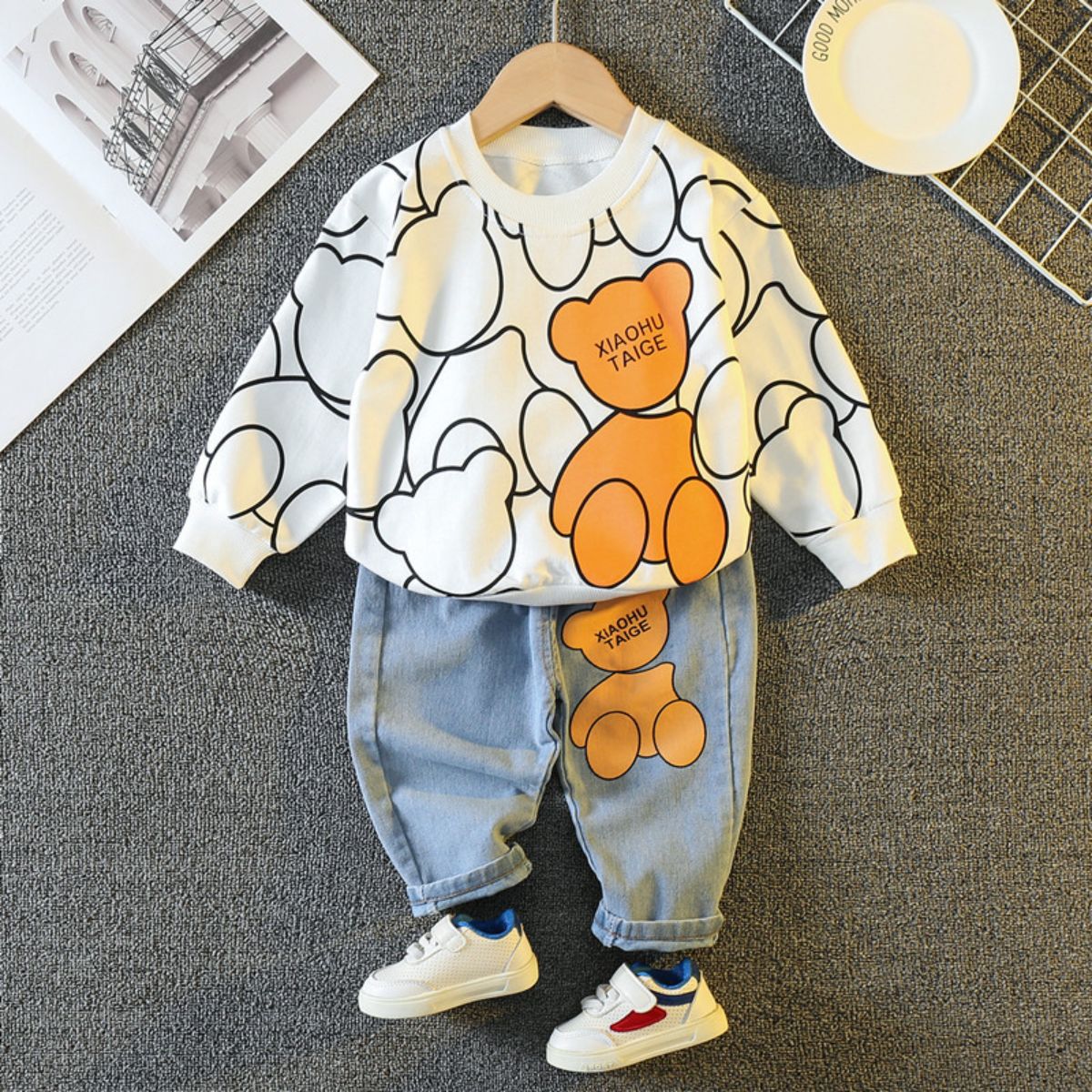 Baby autumn suit children's spring and autumn style boy's denim bear suit two-piece suit