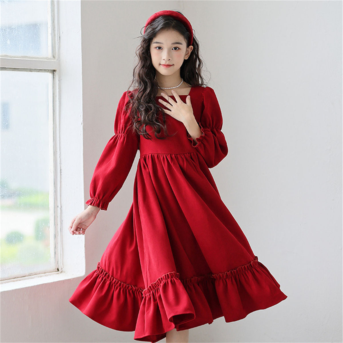 Autumn red elegant lady-style lace long-sleeved dress for middle and large girls