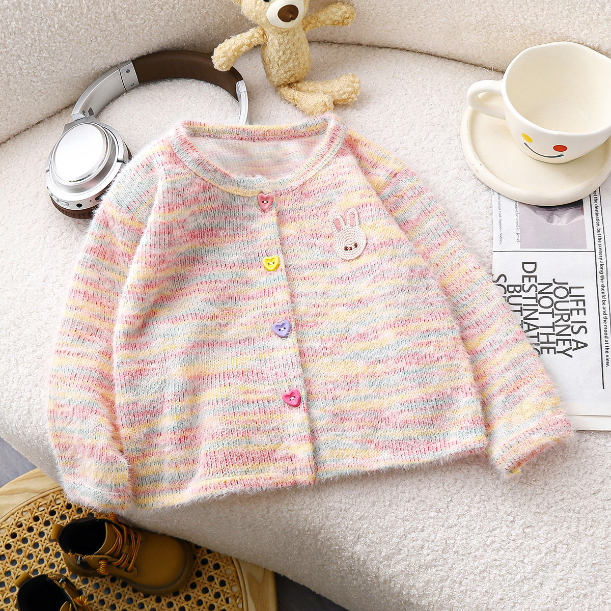 Girls stylish knitted cardigan colorful fur top