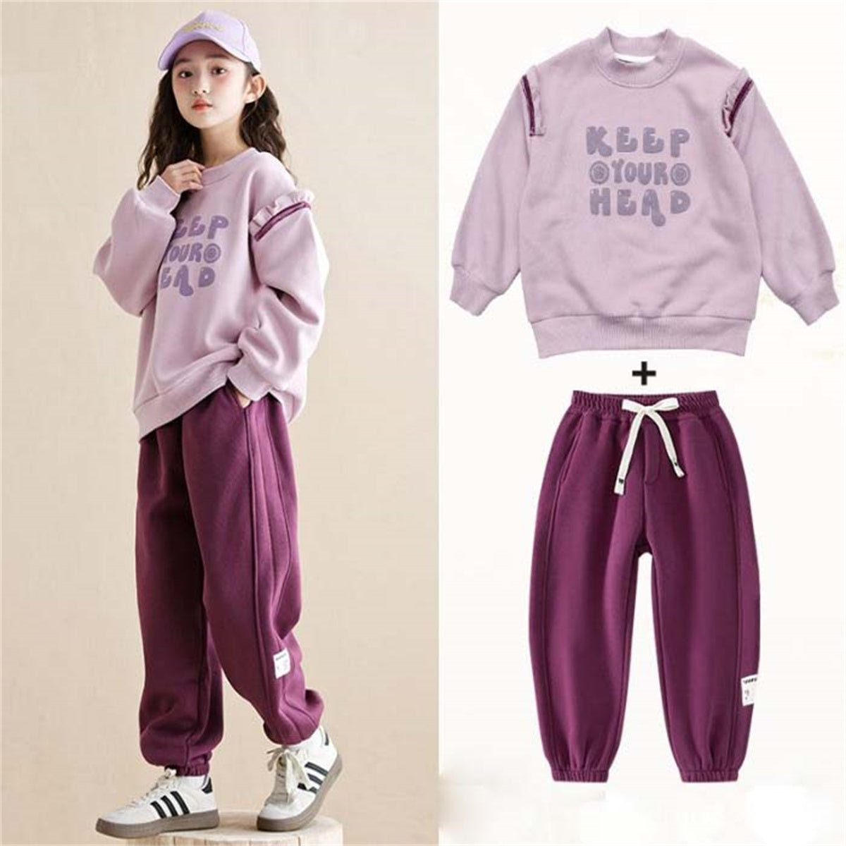 2-piece set for medium and large children and girls, simple and elegant style, letter style, small ruffled sweater suit