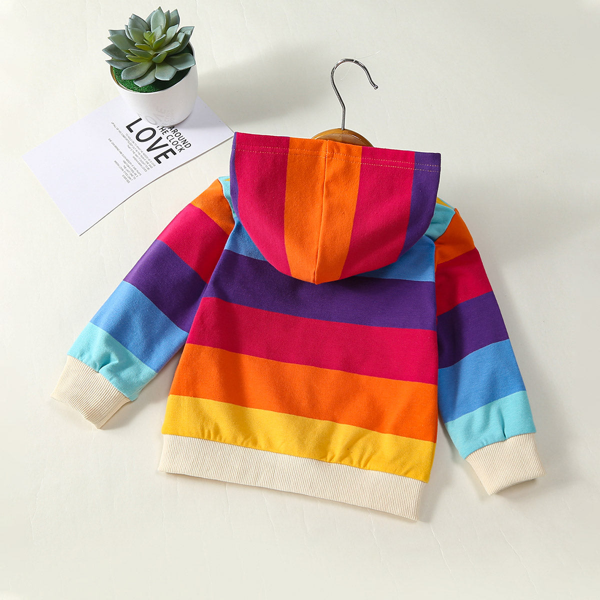 Baby Girls Fashion Casual Rainbow Striped Knitted Fabric Hooded Round Neck Long Sleeve Zipper Jacket Hoodie Autumn Winter