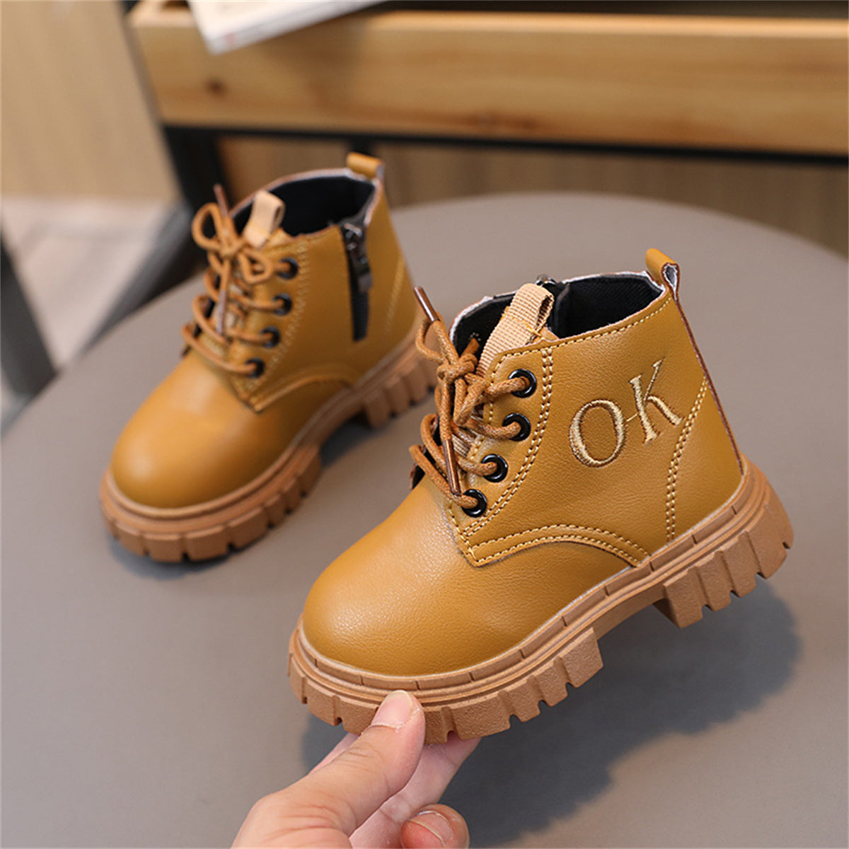 Children's autumn and winter solid color non-slip wear-resistant zipper letter lace-up Martin boots for boys and girls