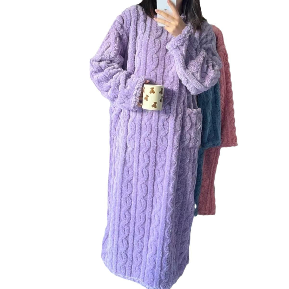 Autumn and winter coral fleece long nightdress large size plus velvet thickened nightgown nightdress