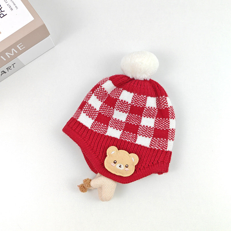 Children's boys and girls cute doll bear plaid knitted warm pullover wool hat