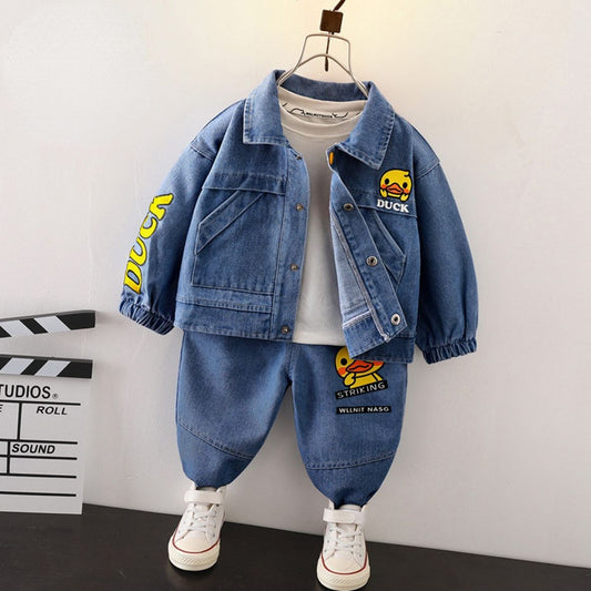 Little yellow duck children's denim suit new spring and autumn boys' cool long-sleeved trousers two-piece children's clothes