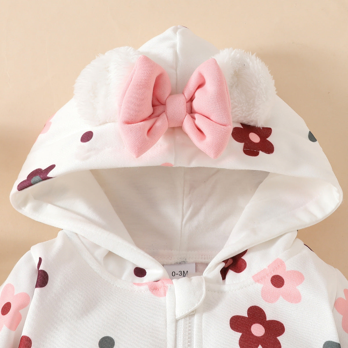 Newborn baby girl autumn and winter sweet casual cute comfortable soft three-dimensional plush bow hooded toddler jumpsuit long crawling clothes