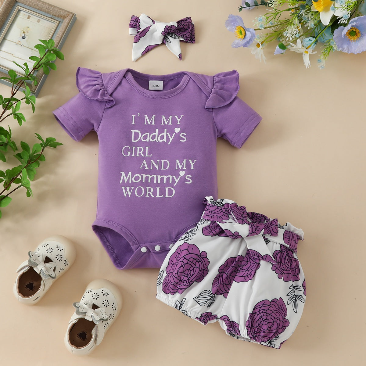 3-piece Baby Girl Letter Printed Short Sleeve Romper & Allover Floral Pattern Shorts & Headwrap