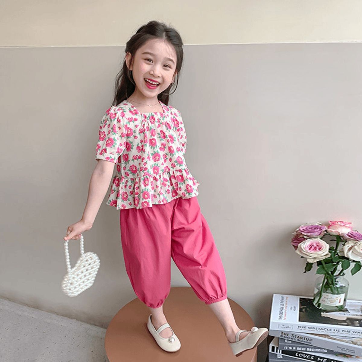 Girls summer new style little girl baby children square collar floral suit small children suit