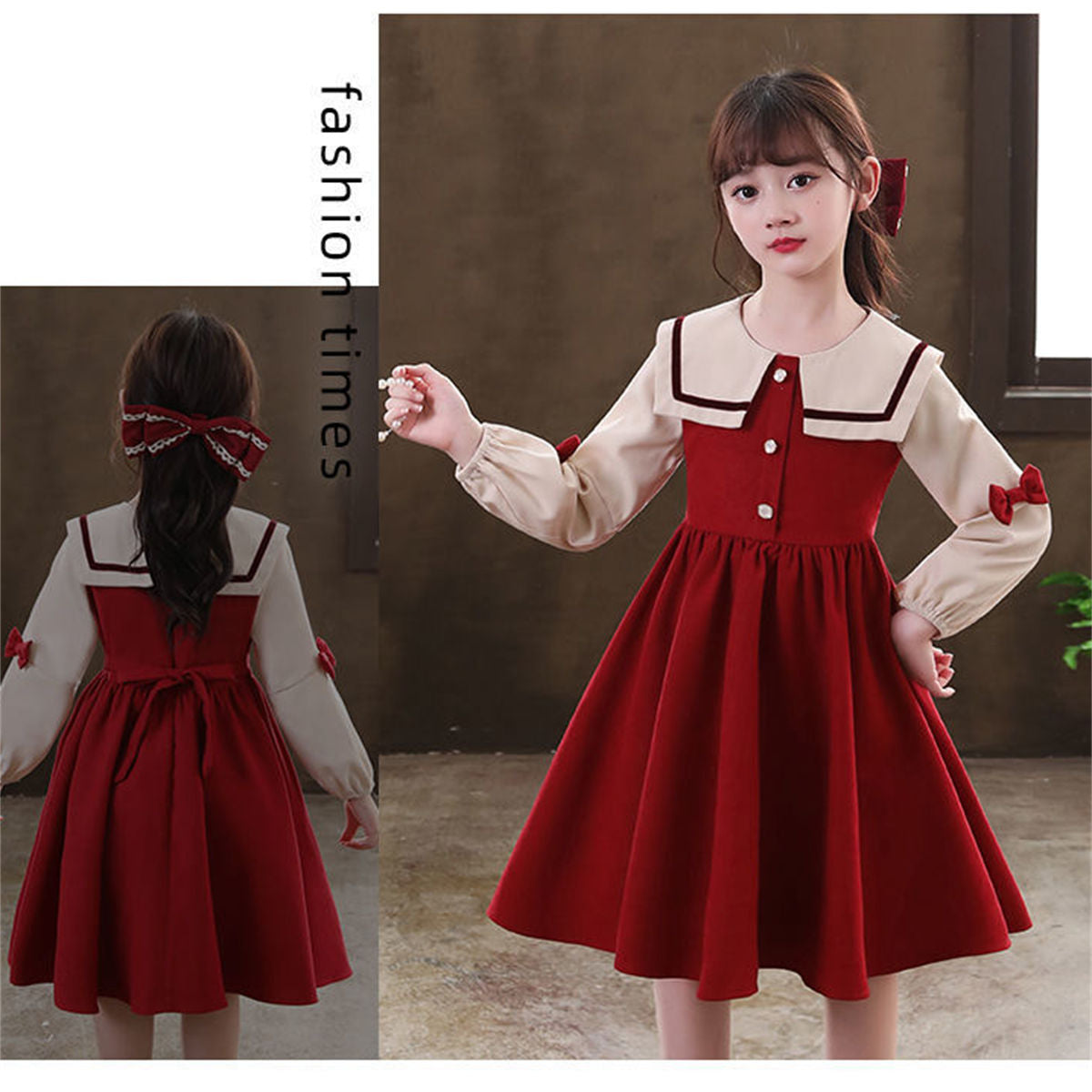 Autumn color matching sweet princess style navy collar bow long sleeve dress for middle and large children girls