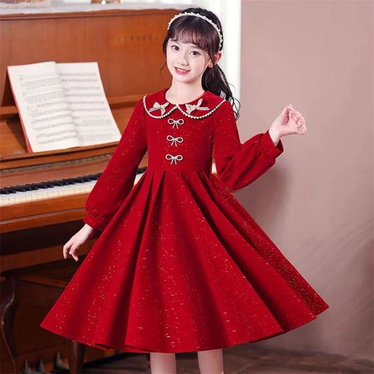 Winter solid color exquisite lady style shiny bow long sleeve dress for middle and large children girls