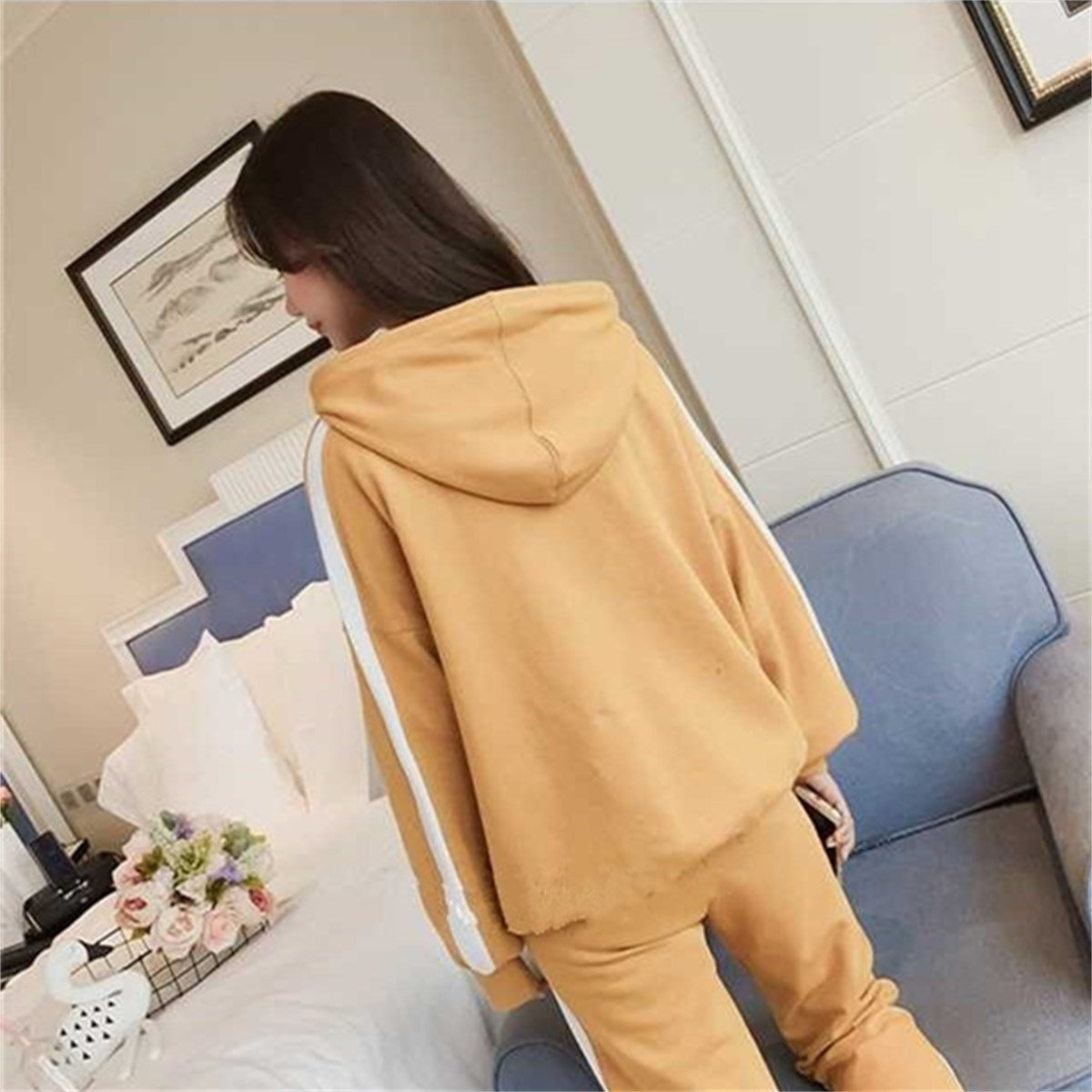 Women's loose hooded sweatshirt preppy style sports suit two-piece set