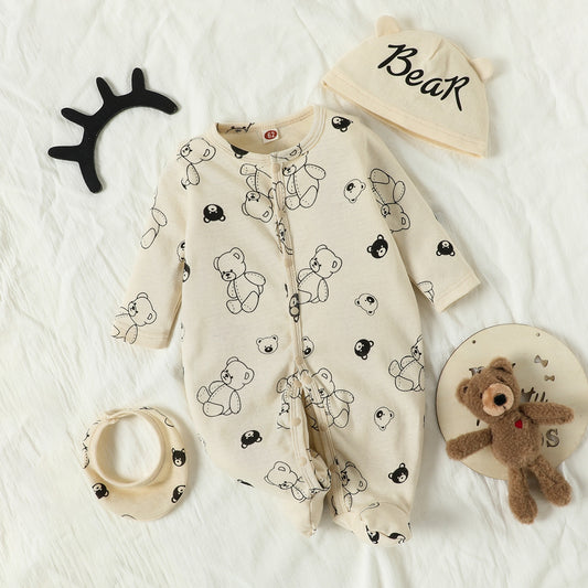 Baby Animal Printed  Long-sleeved Long-leg Romper with Bib & Hat