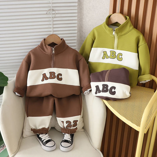 Children's autumn suit new style stand collar boy sports style baby clothes long sleeve fashionable small and medium children two-piece suit trendy