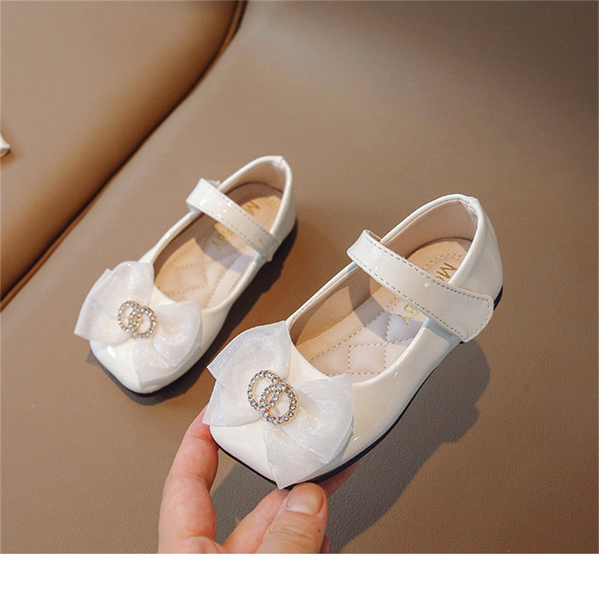 Sweet Chanel style square toe bow flat leather shoes for little girls