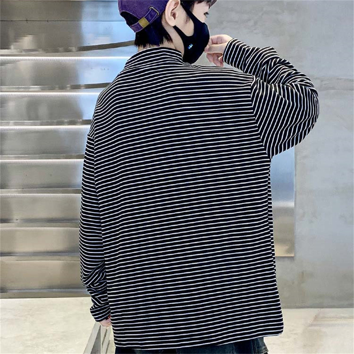 Winter plus velvet cute letter horizontal striped warm bottoming shirt for middle and large boys