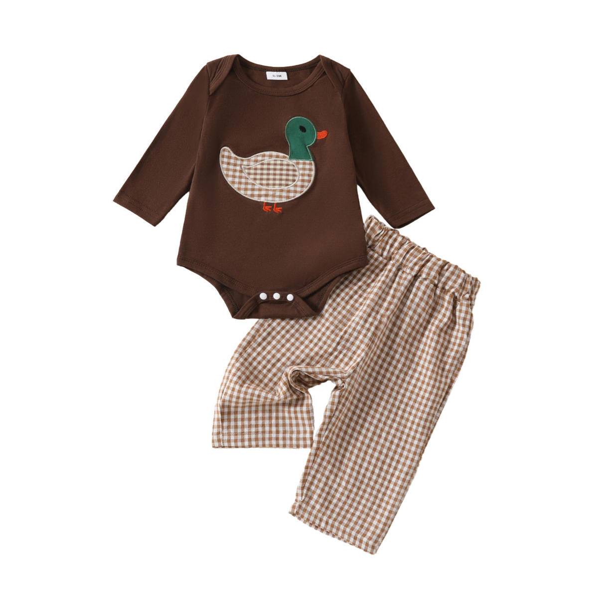 Baby and Toddler Duck Long Sleeve Romper Plaid Trousers Two-piece Set