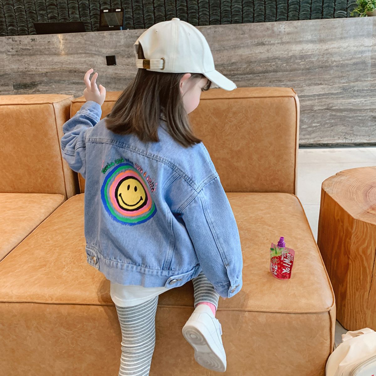 New casual loose spring slim girls big smiley face printed denim jacket