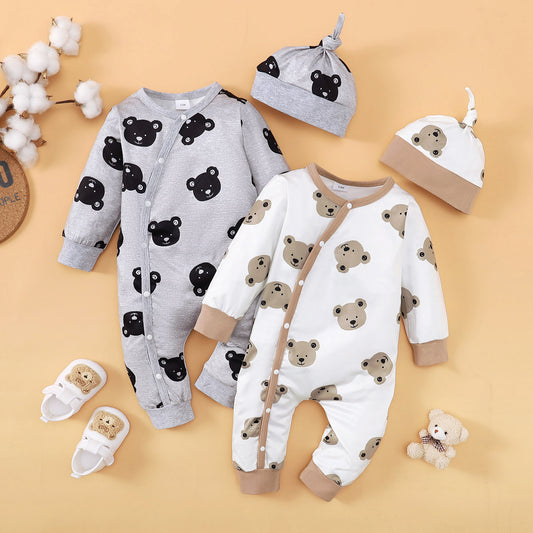 2-piece Baby Boy Allover Bear Printed Long-sleeved Long-leg Romper & Matching Infant Hat